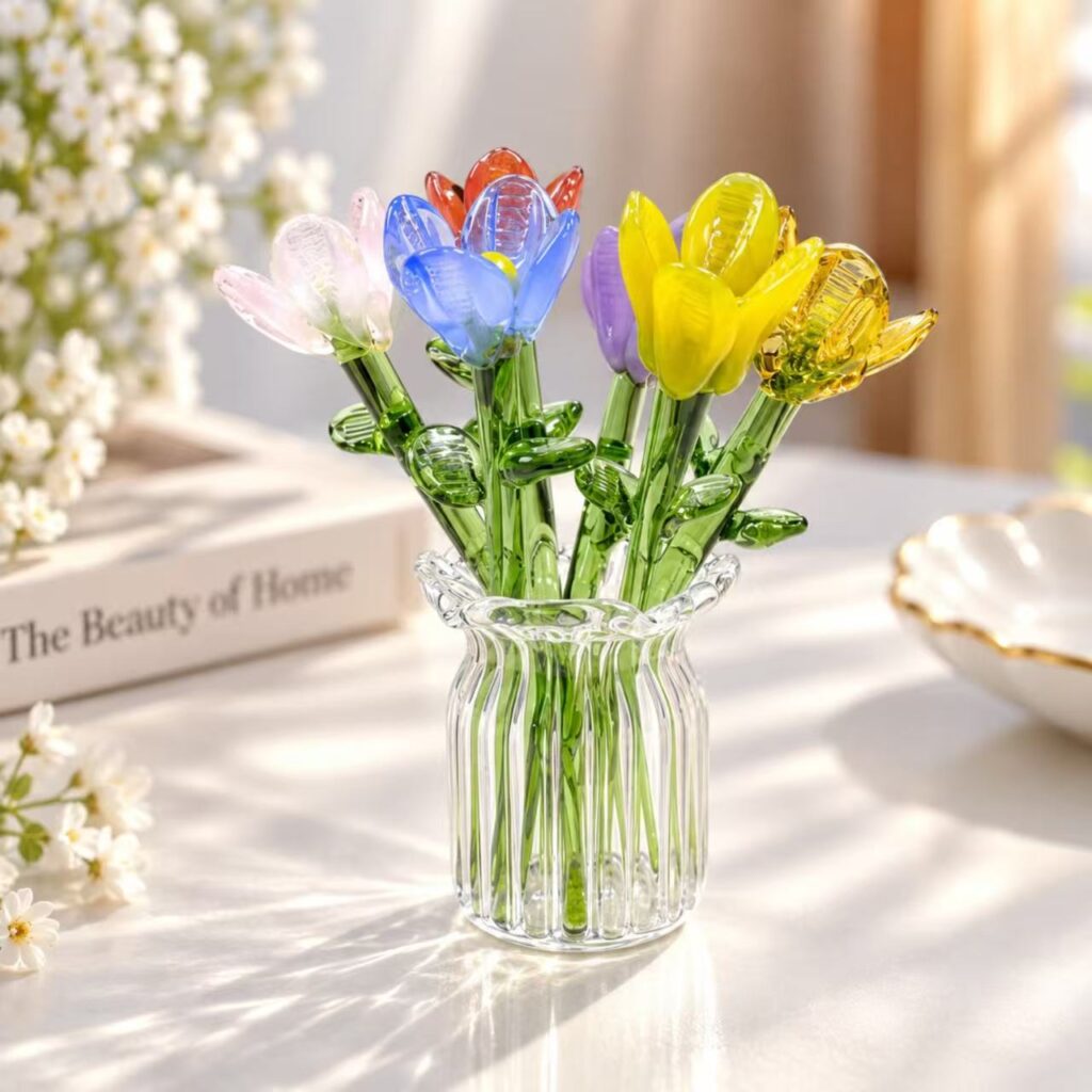 Handmade glass flowers with small glass vase